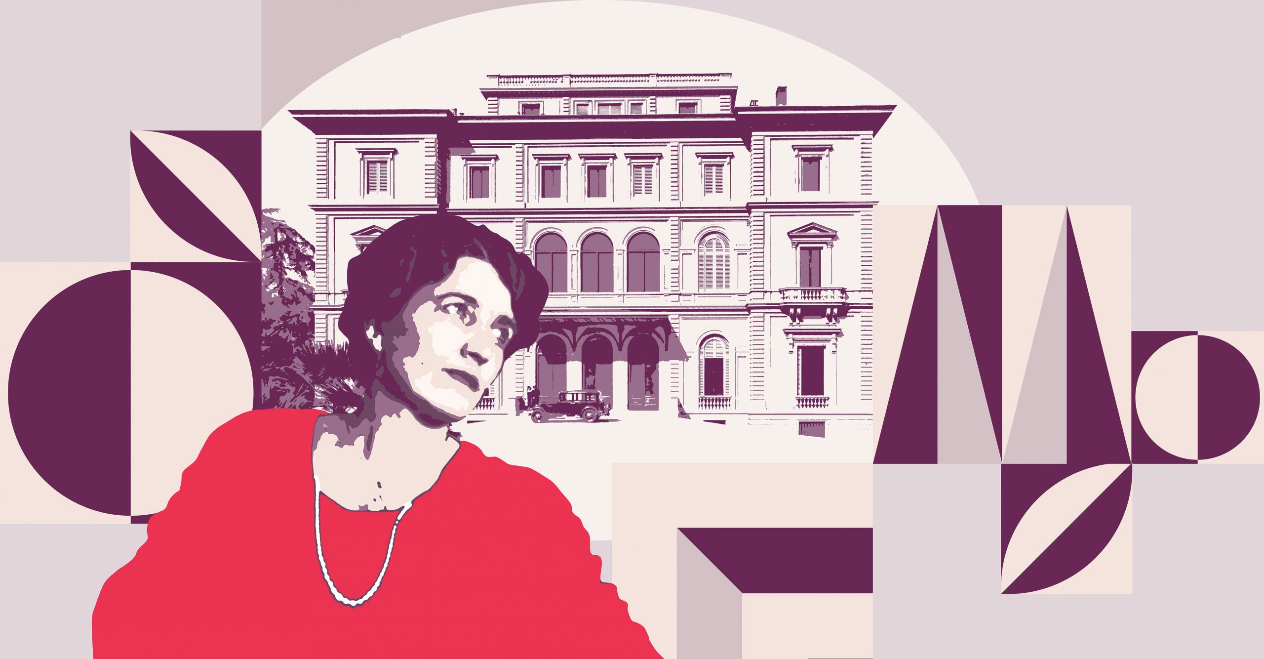 Un'illustrazione stilizzata di una donna con capelli scuri e una maglietta rossa, che guarda a sinistra, sullo sfondo di un palazzo architettonico. L'immagine è arricchita da forme geometriche di diversi colori in un design moderno.
