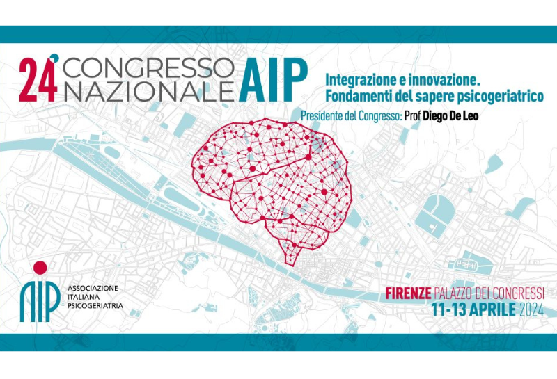 Grafica del 24° Congresso Nazionale AIP, con un cervello stilizzato sopra una mappa di Firenze. Il testo include il titolo del congresso, le date (11-13 aprile 2024) e il nome del presidente del congresso, Prof. Diego De Leo.