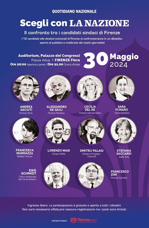 Manifesto dell'evento 'Scegli con LA NAZIONE' che presenta i candidati sindaci di Firenze, con fotografie e nomi di ciascun candidato, data e luogo dell'evento, e dettagli sulla partecipazione.