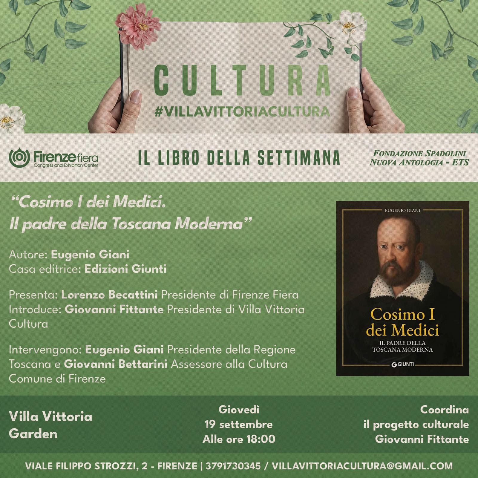 Locandina per l'evento culturale 'Cosimo I dei Medici. Il padre della Toscana Moderna' con dettagli su autore, casa editrice, relatori e data dell'evento, prevista per giovedì 19 settembre alle 18:00 presso Villa Vittoria a Firenze.