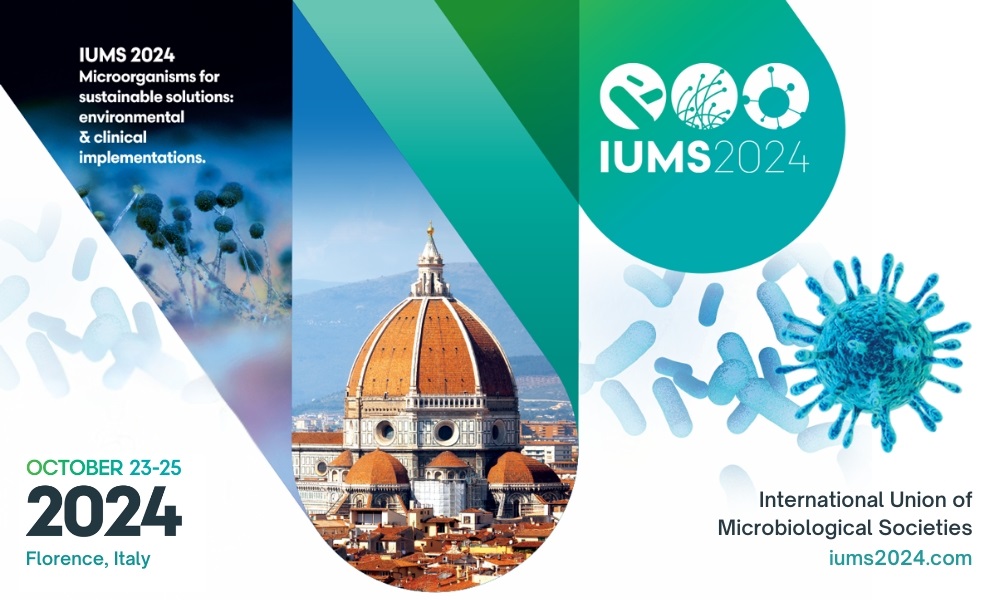 Grafica per IUMS 2024, con sullo sfondo il Duomo di Firenze e illustrazioni di microorganismi. Testo che evidenzia il tema della conferenza: soluzioni sostenibili attraverso i microorganismi, con date e luogo dell'evento (23-25 ottobre 2024, Firenze, Italia).
