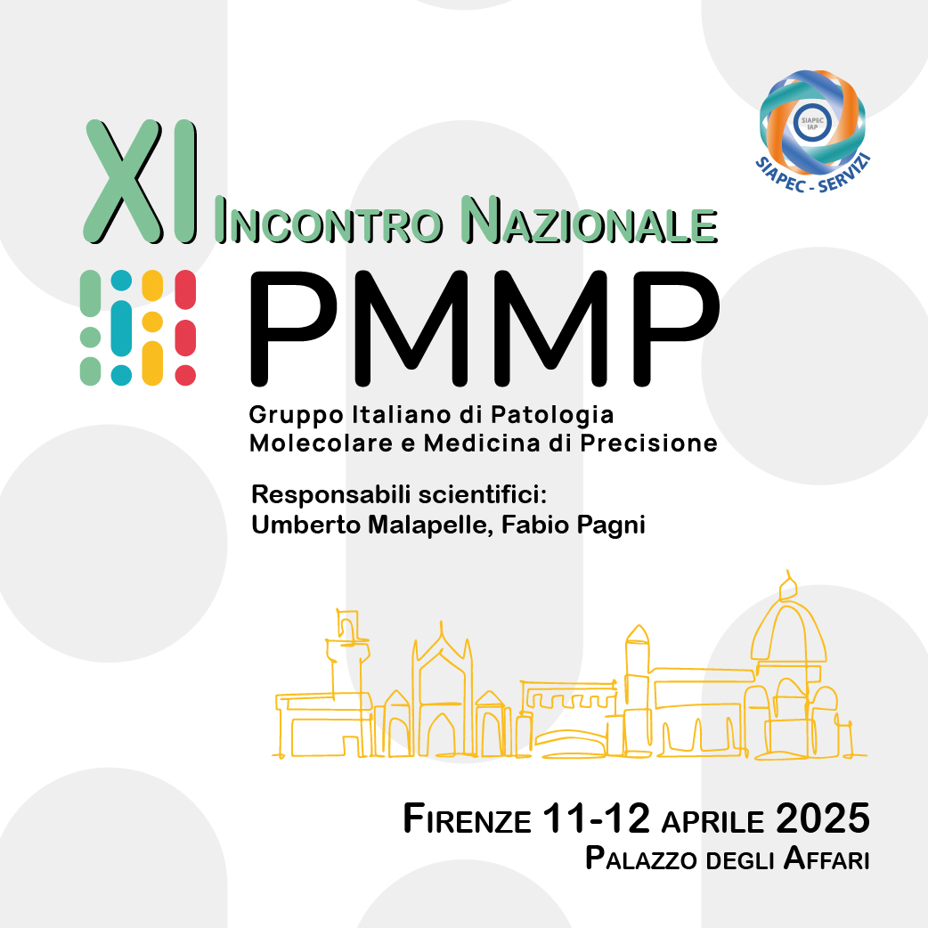 Poster per l'XI Incontro Nazionale PMMP, organizzato dal Gruppo Italiano di Patologia Molecolare e Medicina di Precisione, con i dettagli dell'evento a Firenze il 11 e 12 aprile 2025 al Palazzo degli Affari.