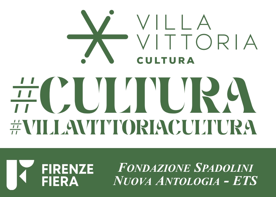 Logo della Villa Vittoria con la scritta "Cultura" in verde e l'hashtag "#CULTURA" e "#VILLAVITTORIACULTURA", accompagnato dal nome "Firenze Fiera" e dalla nota "Fondazione Spadolini Nuova Antologia - ETS".