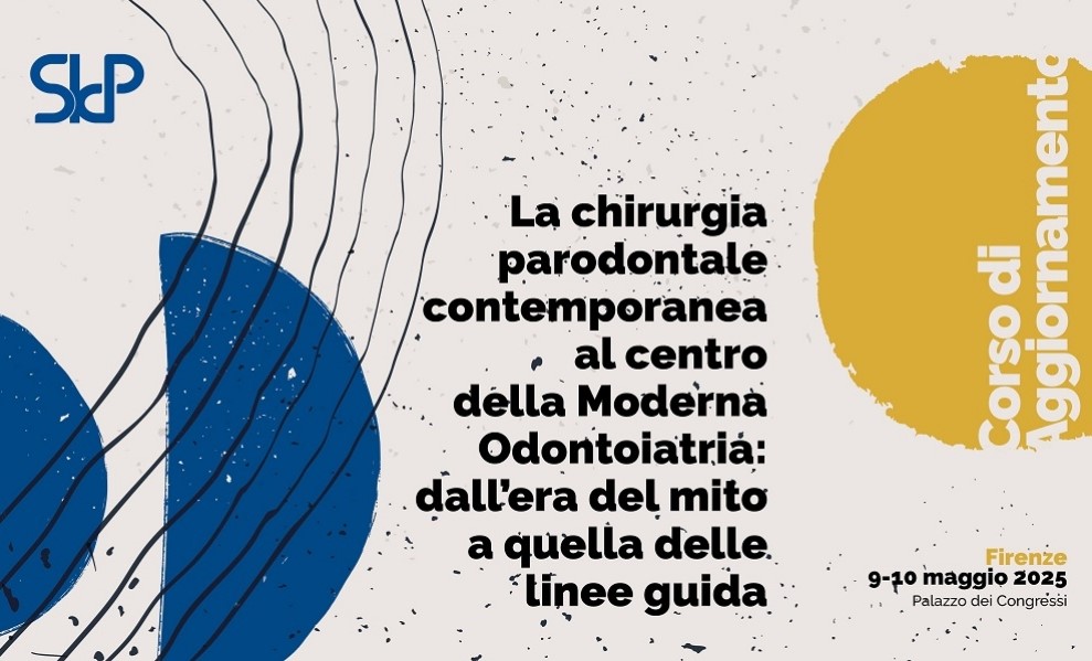 Un volantino informativo su un corso di aggiornamento sulla chirurgia parodontale contemporanea, con testo che menziona Firenze come sede, date 9-10 maggio 2025 e il Palazzo dei Congressi